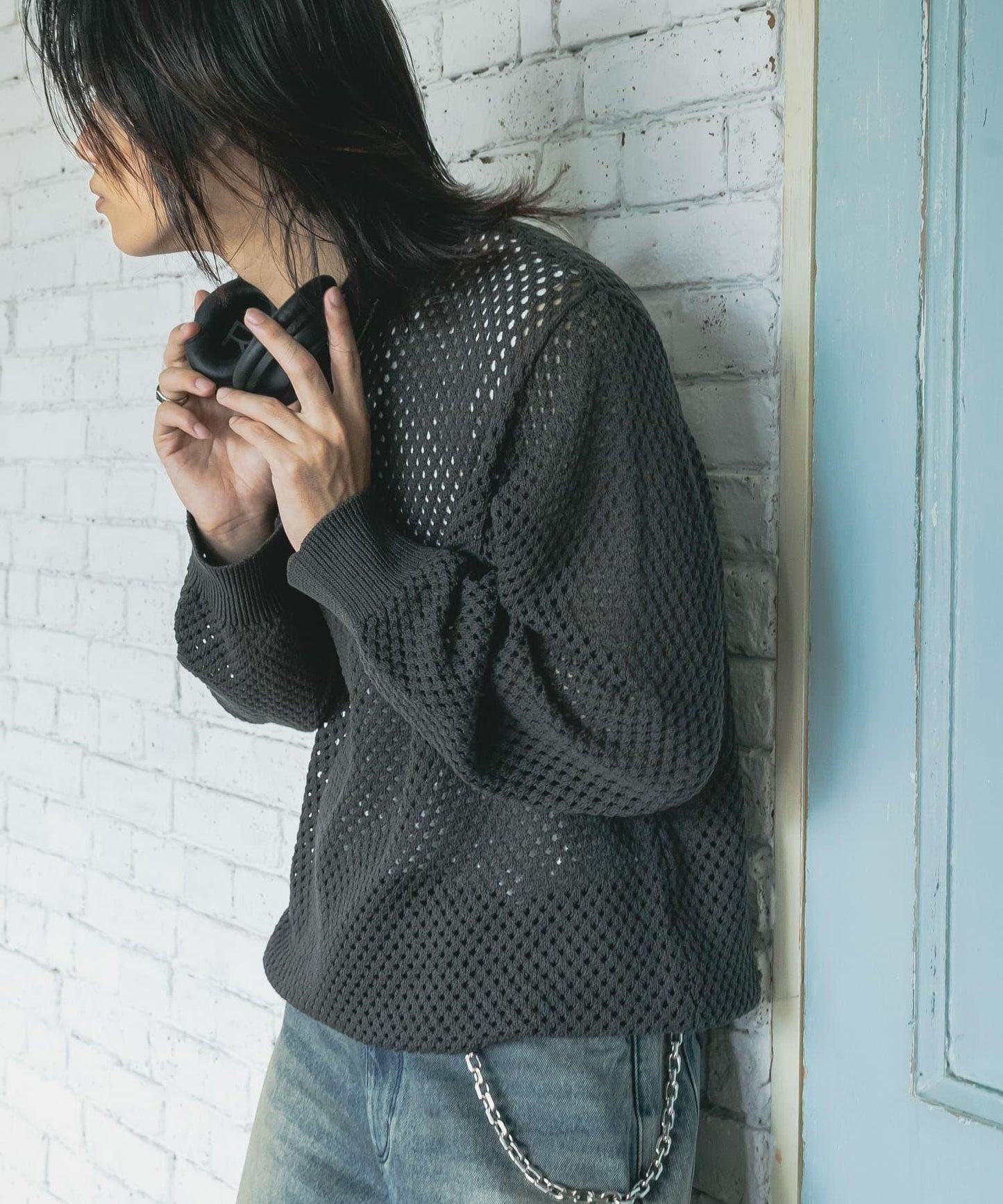 可水洗透視網紗圓領針織衫