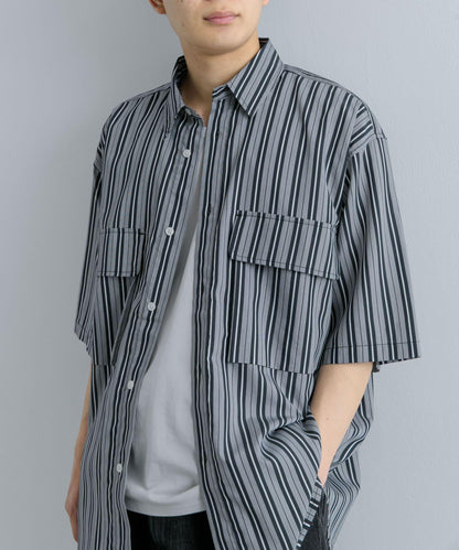 條紋CPO寬鬆襯衫（五分袖）