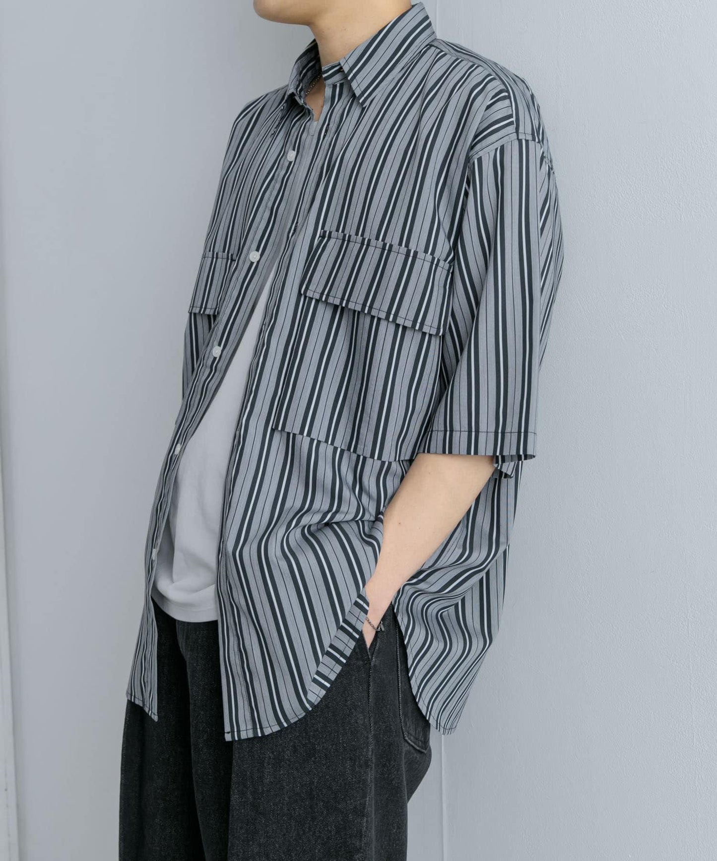 條紋CPO寬鬆襯衫（五分袖）