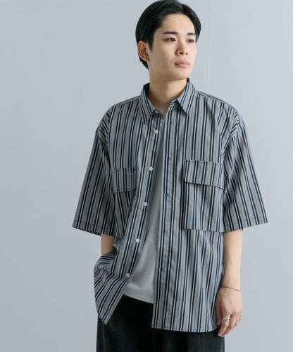 條紋CPO寬鬆襯衫（五分袖）