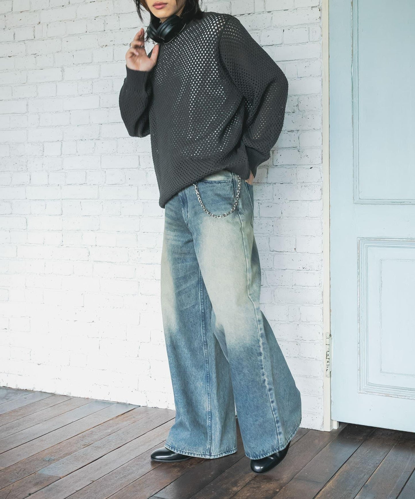 可水洗透視網紗圓領針織衫