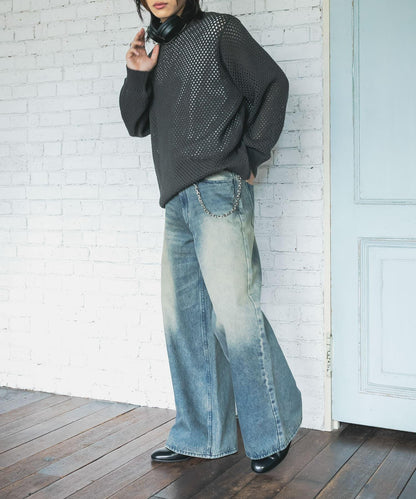 可水洗透視網紗圓領針織衫