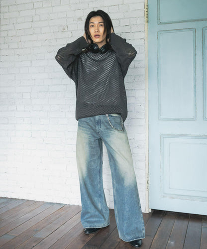 可水洗透視網紗圓領針織衫