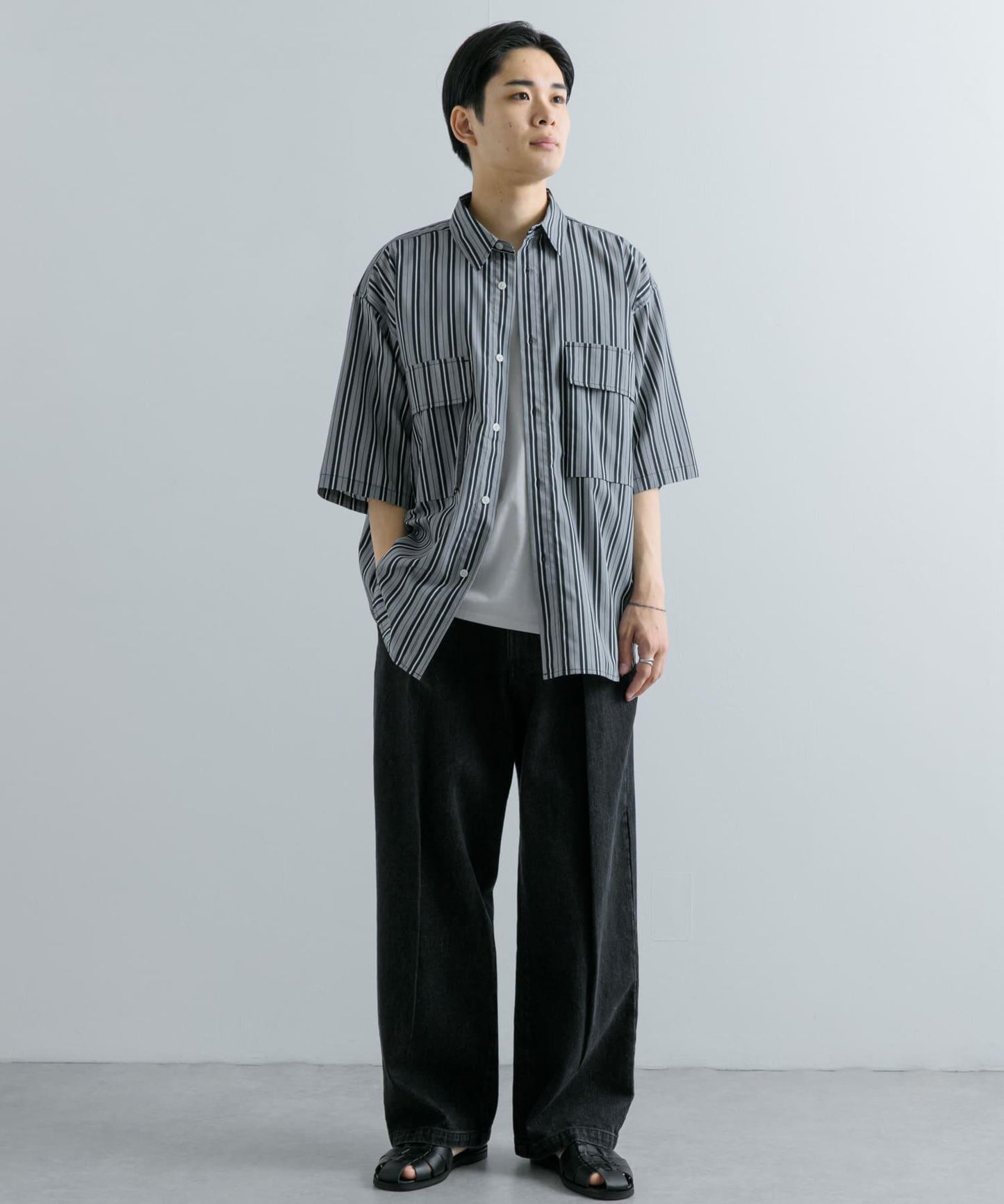 條紋CPO寬鬆襯衫（五分袖）