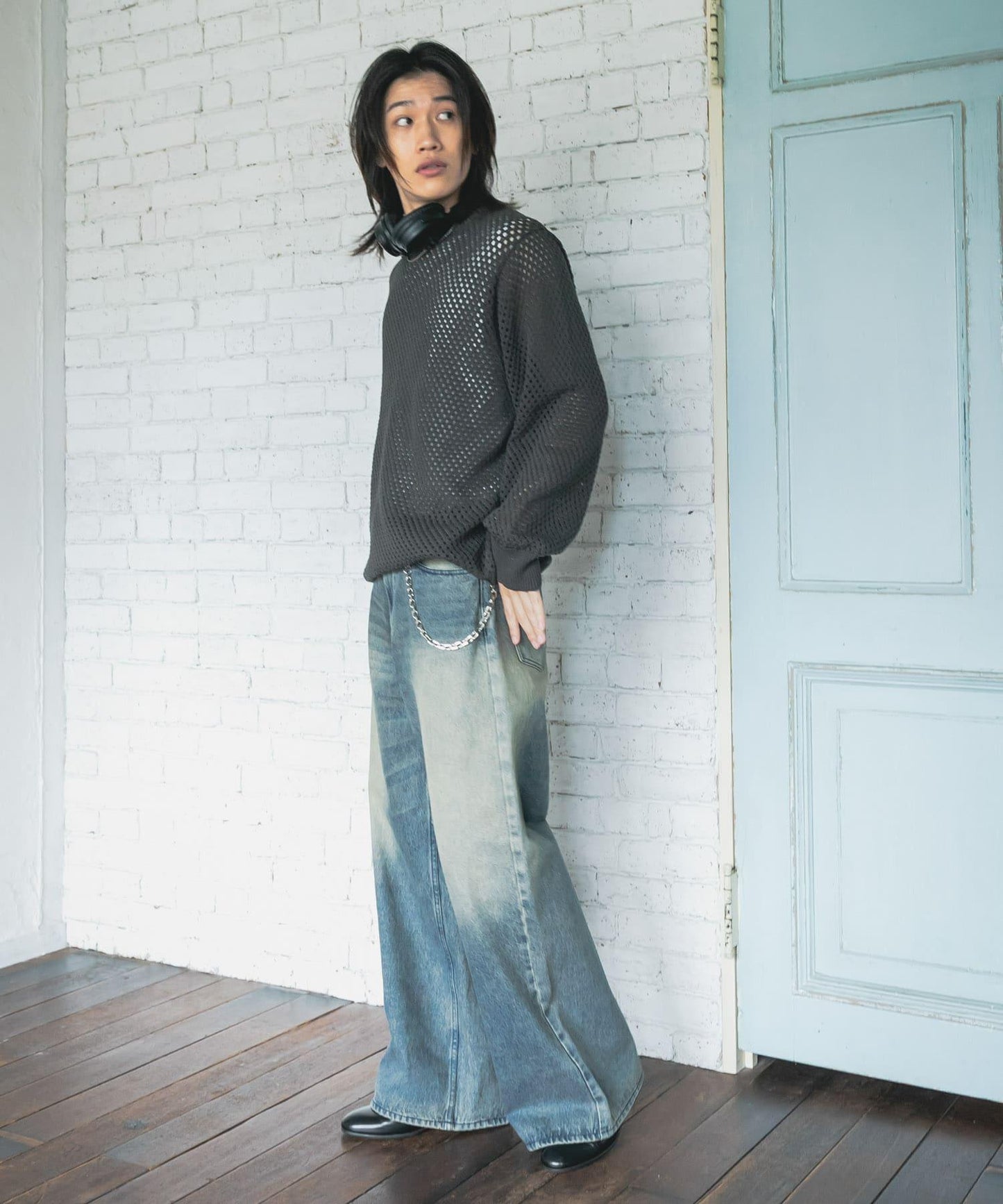 可水洗透視網紗圓領針織衫