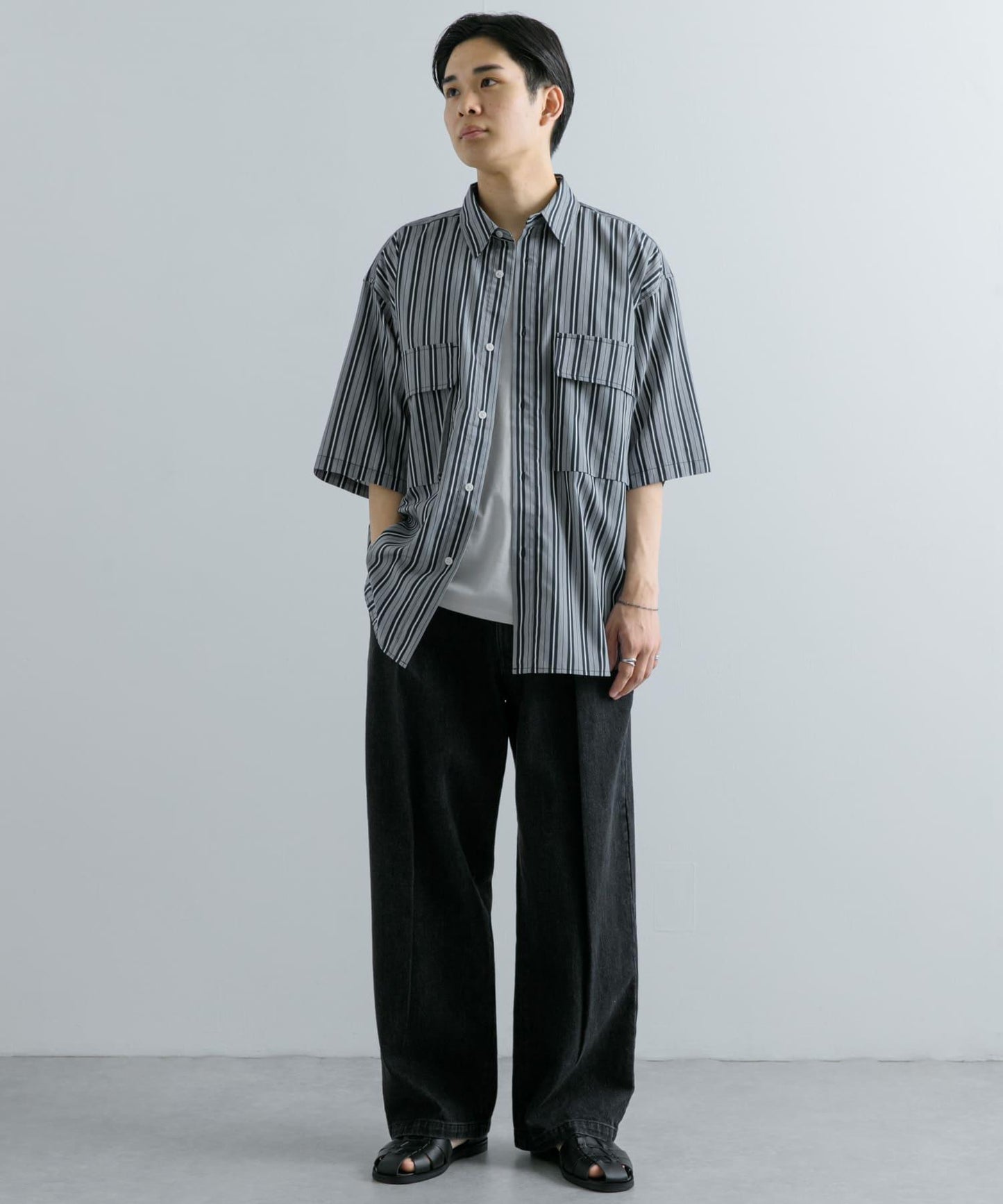 條紋CPO寬鬆襯衫（五分袖）