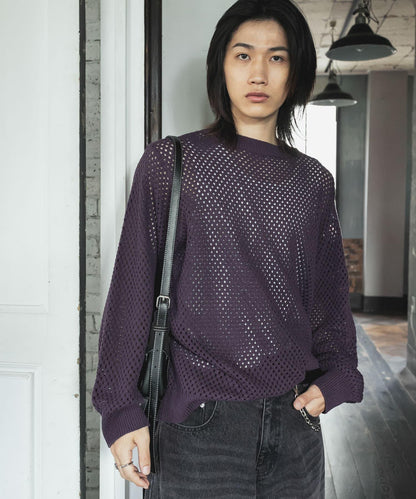 可水洗透視網紗圓領針織衫