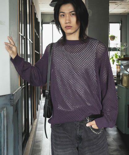 可水洗透視網紗圓領針織衫