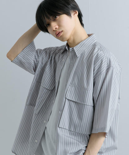 條紋CPO寬鬆襯衫（五分袖）