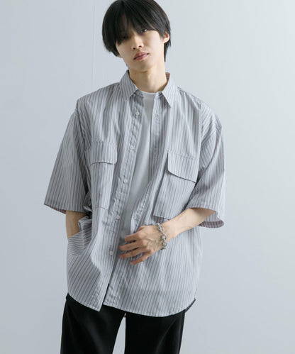 條紋CPO寬鬆襯衫（五分袖）