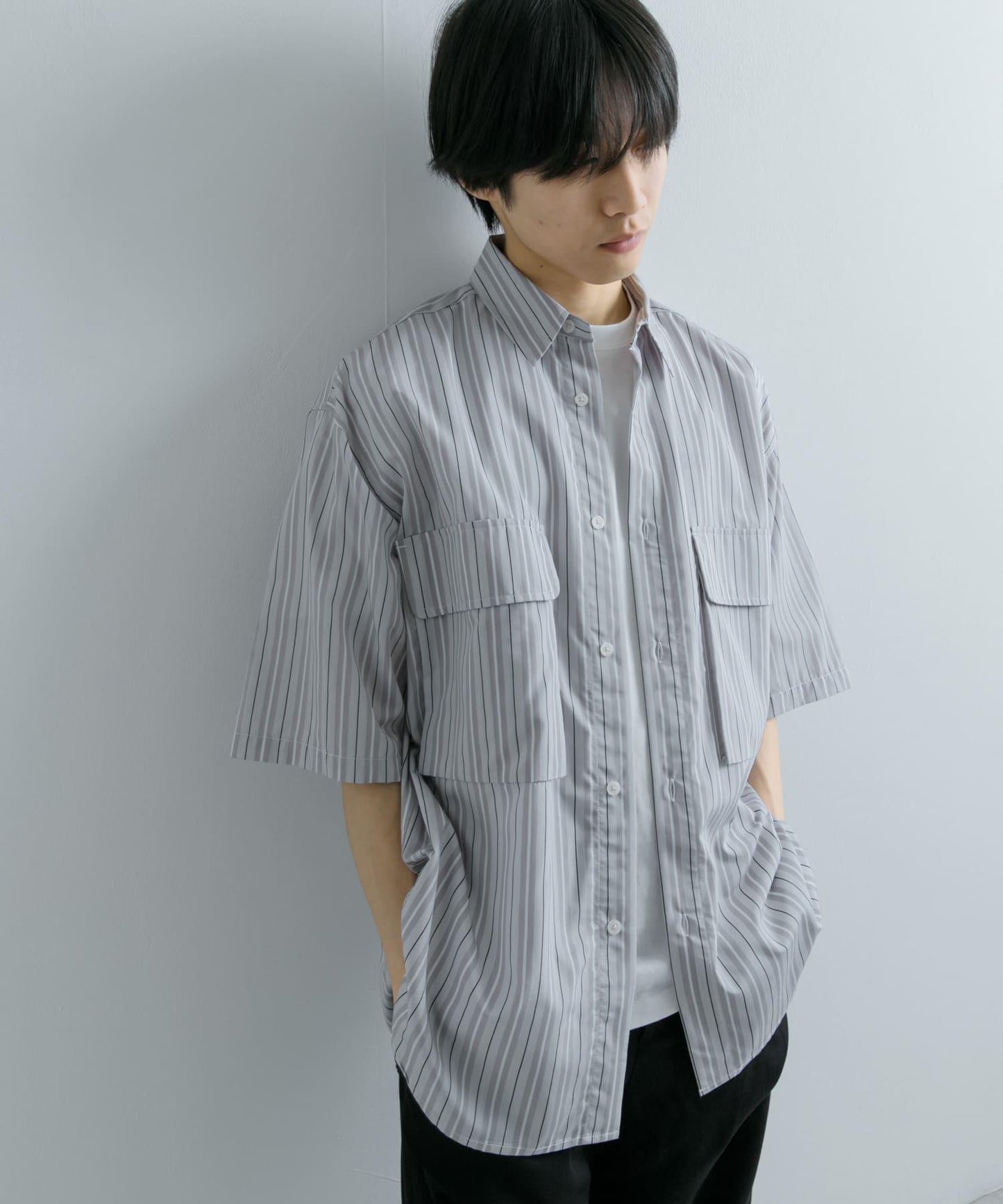 條紋CPO寬鬆襯衫（五分袖）