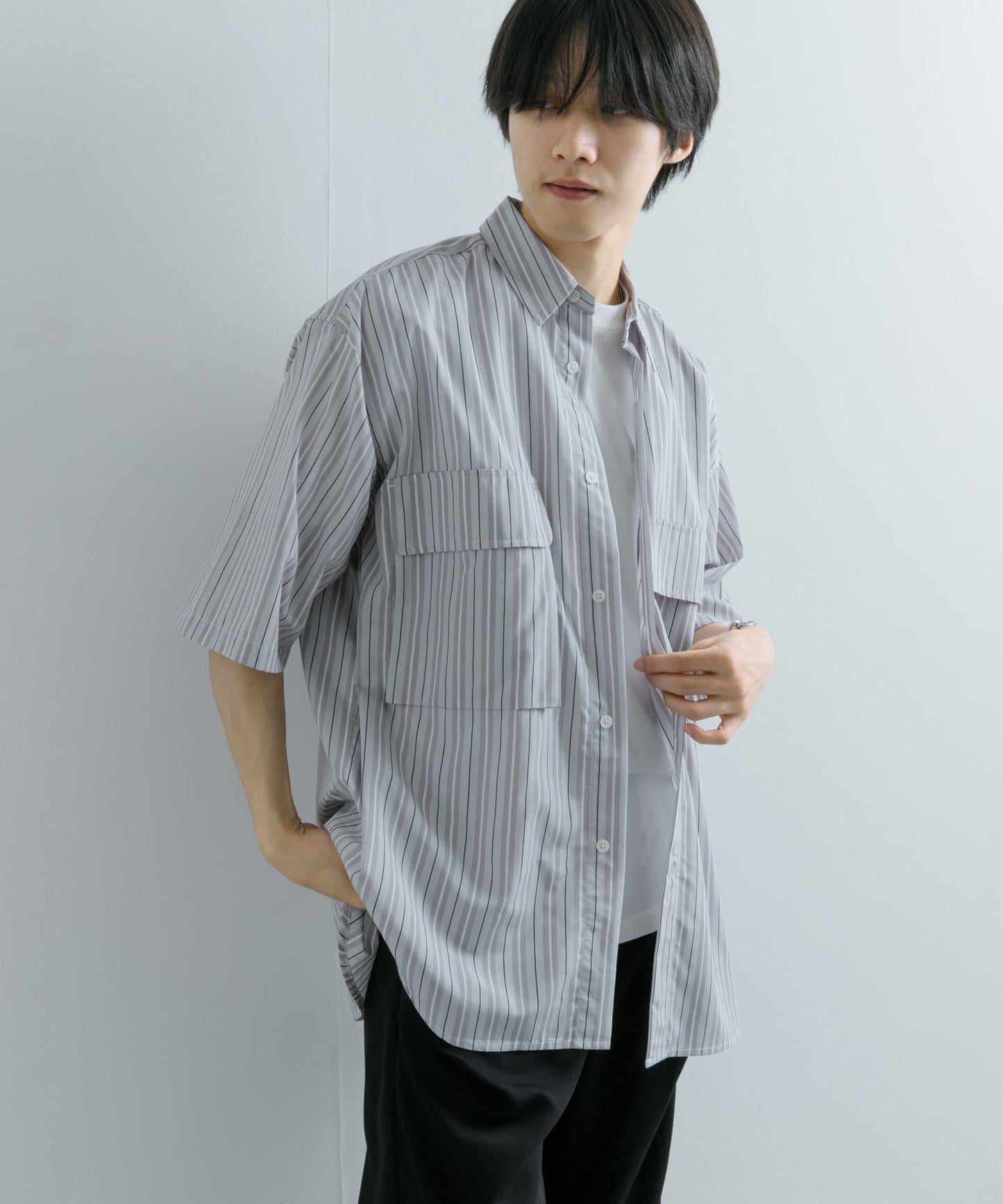 條紋CPO寬鬆襯衫（五分袖）