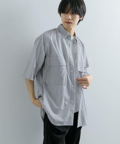 條紋CPO寬鬆襯衫（五分袖）