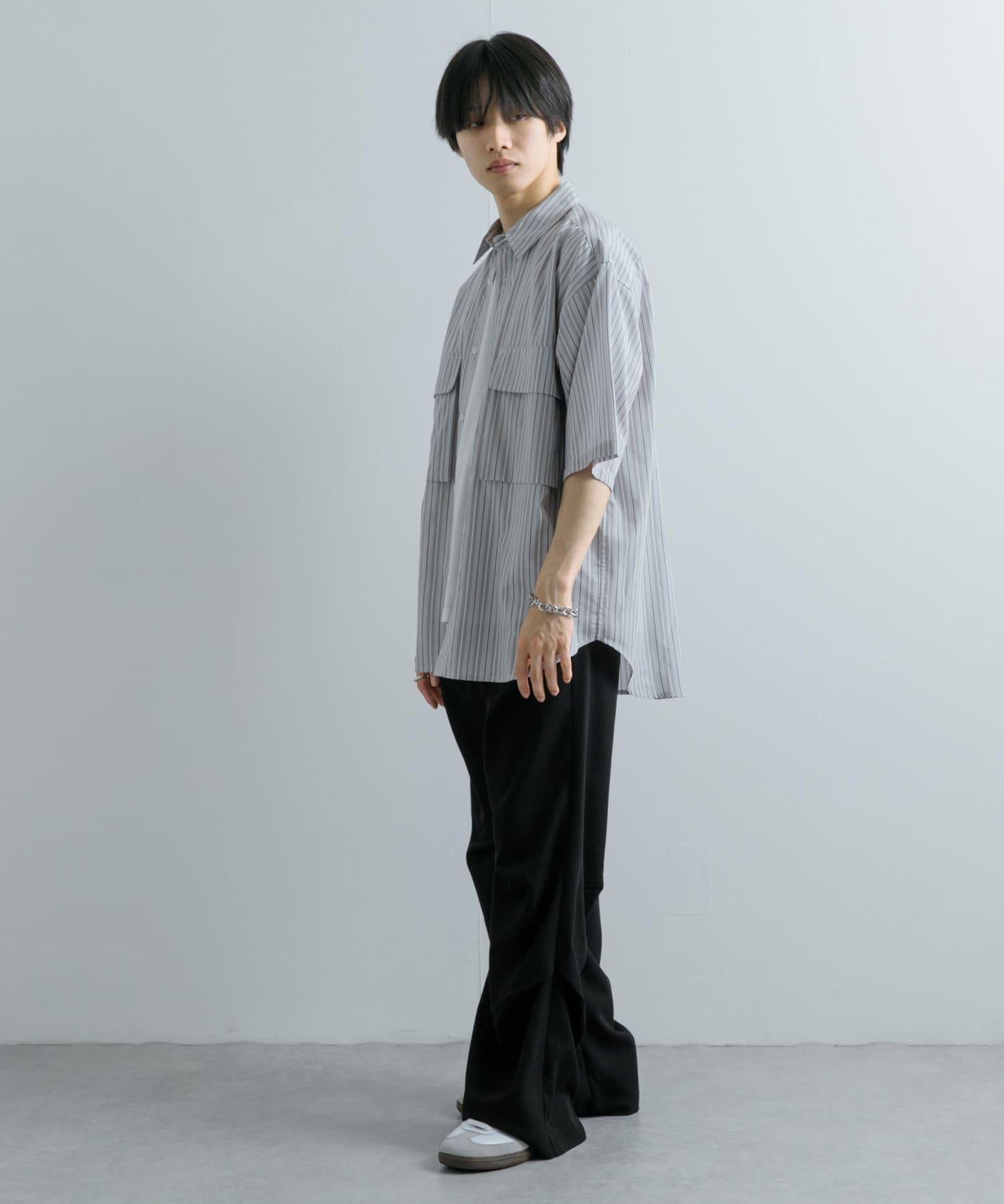 條紋CPO寬鬆襯衫（五分袖）