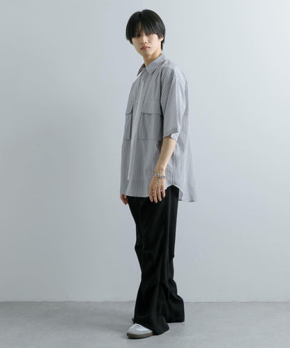 條紋CPO寬鬆襯衫（五分袖）