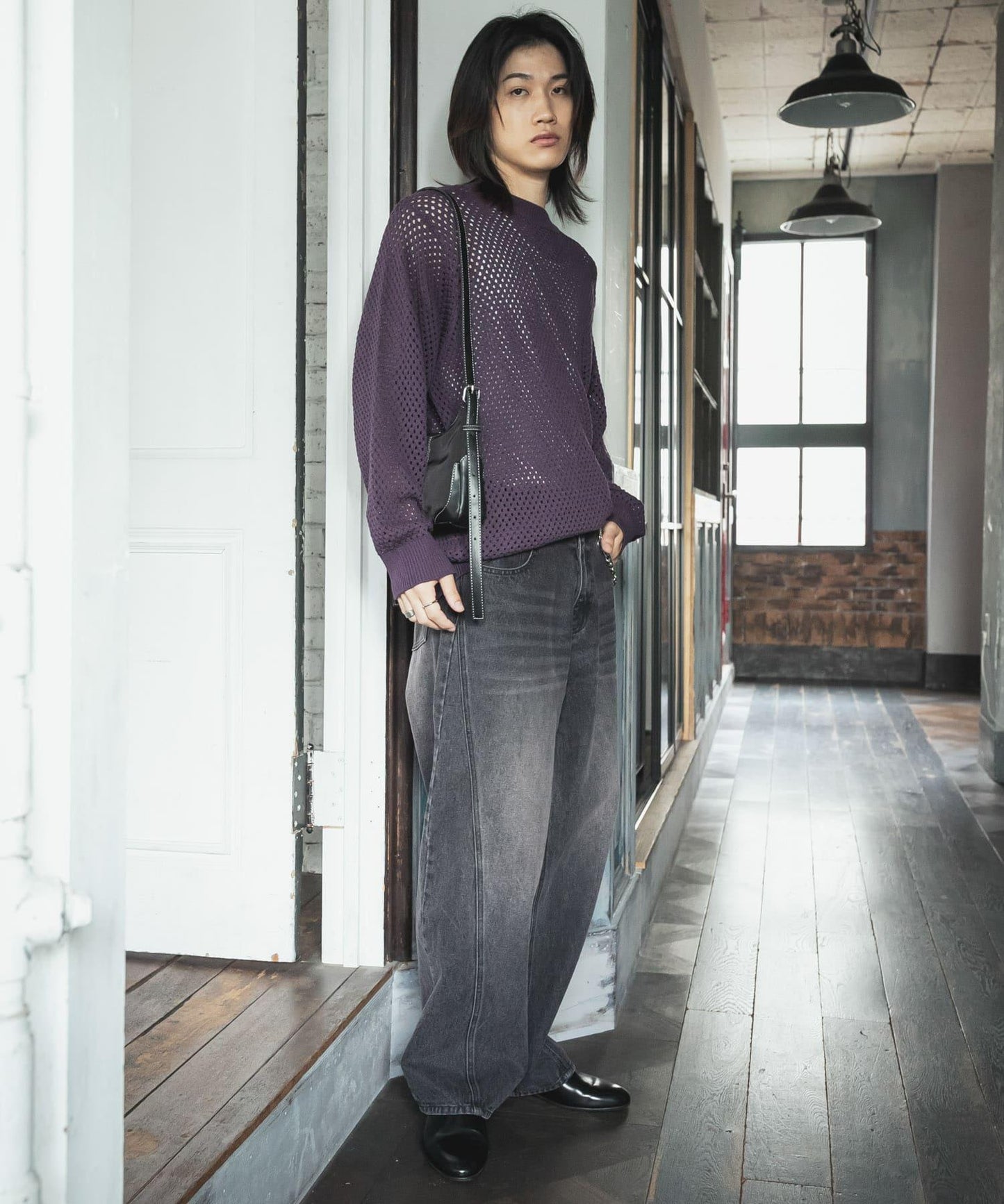 可水洗透視網紗圓領針織衫