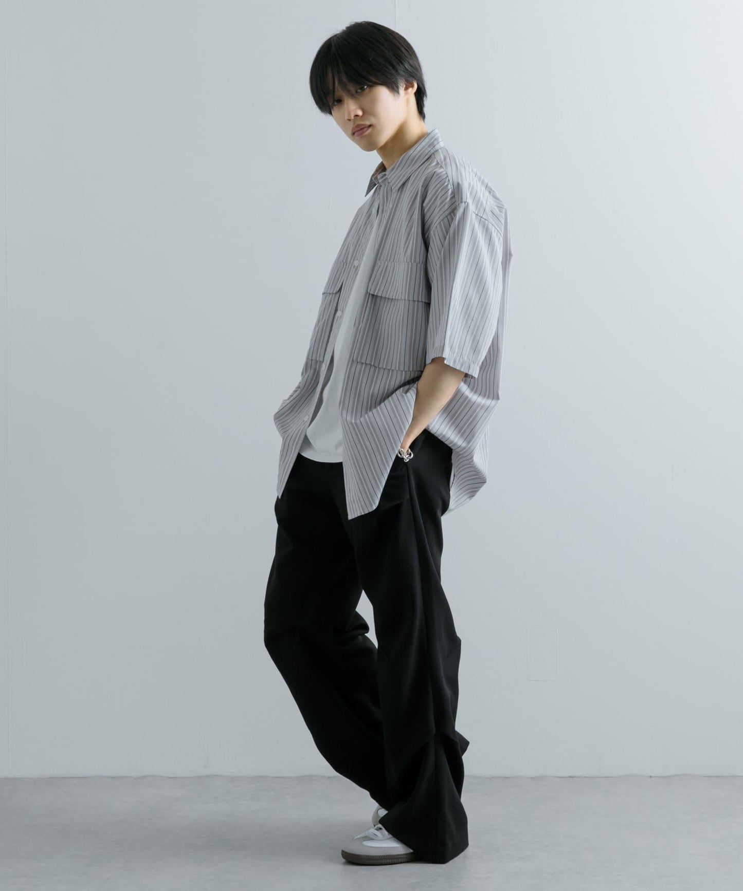 條紋CPO寬鬆襯衫（五分袖）