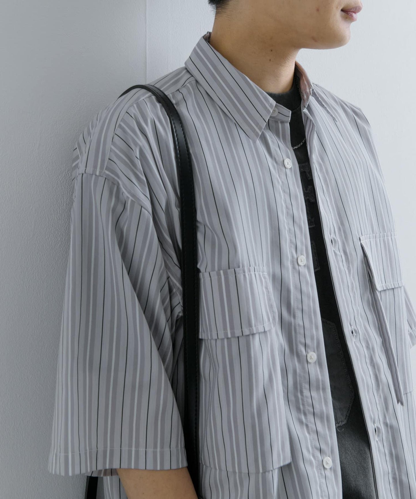 條紋CPO寬鬆襯衫（五分袖）