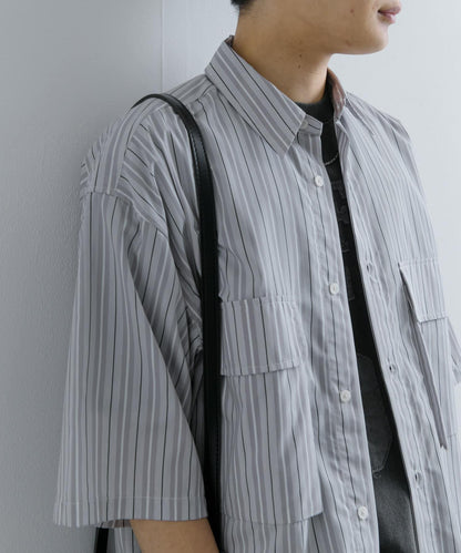 條紋CPO寬鬆襯衫（五分袖）