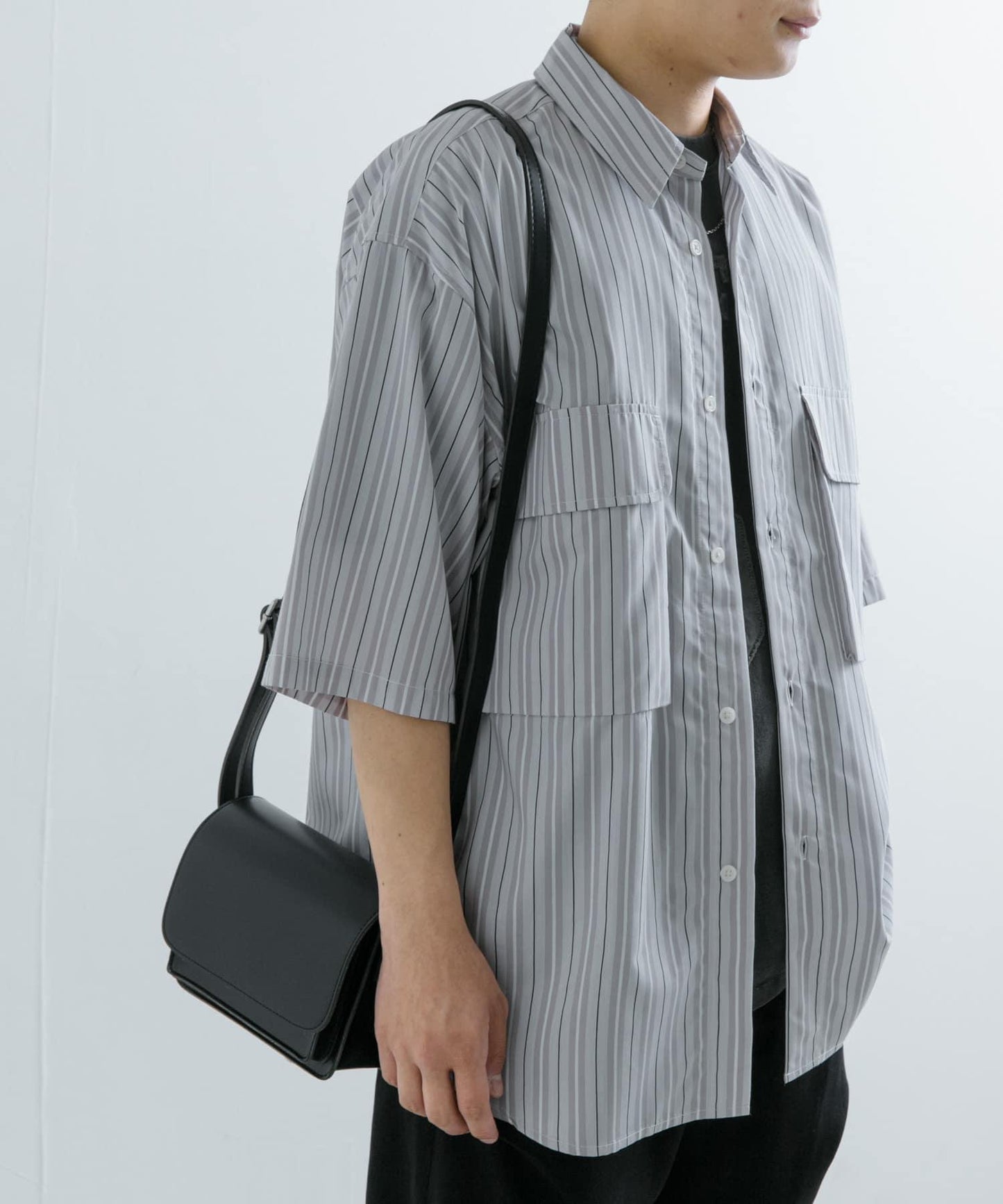 條紋CPO寬鬆襯衫（五分袖）