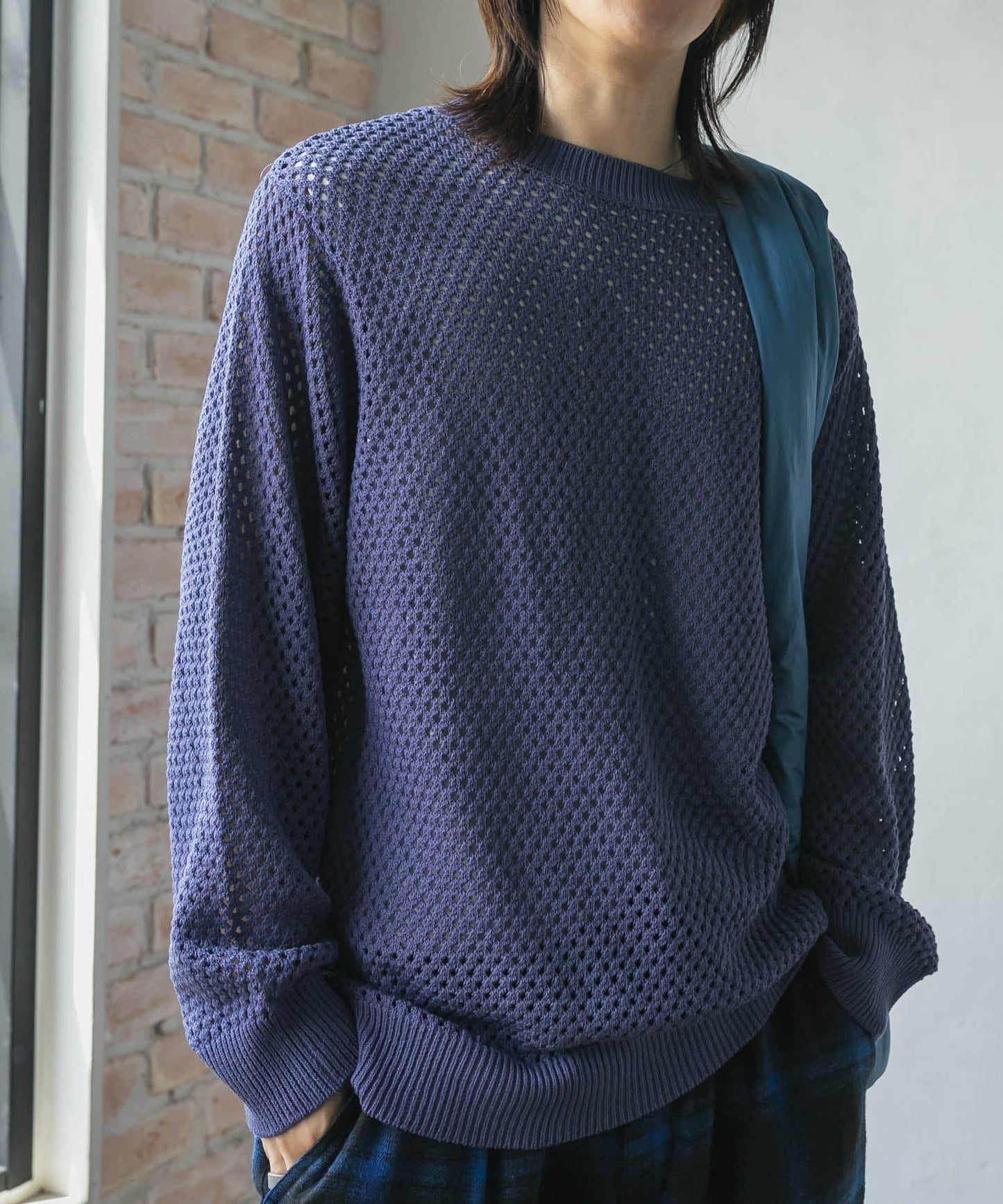 可水洗透視網紗圓領針織衫