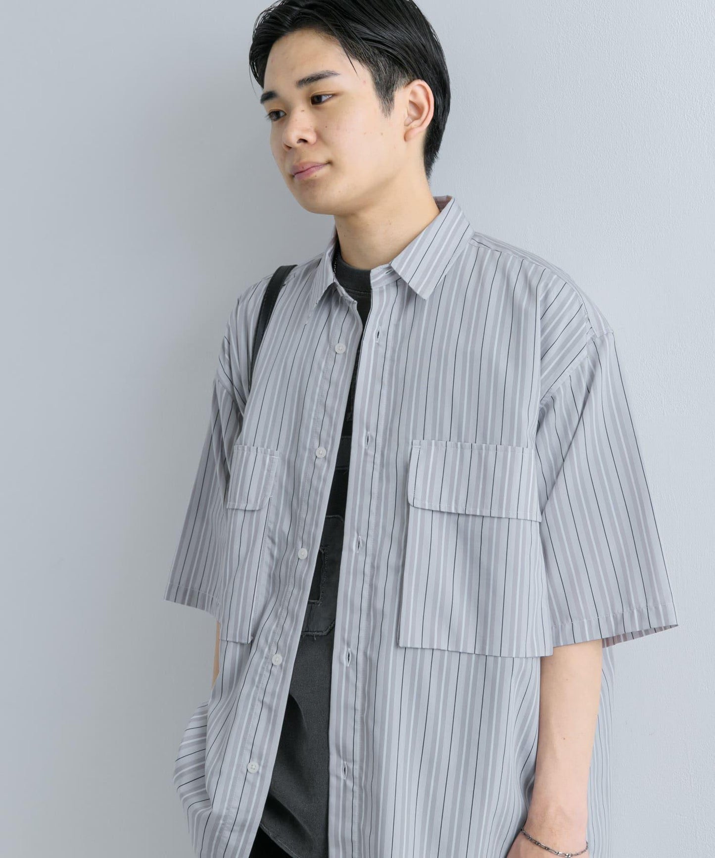 條紋CPO寬鬆襯衫（五分袖）