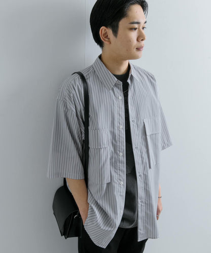 條紋CPO寬鬆襯衫（五分袖）