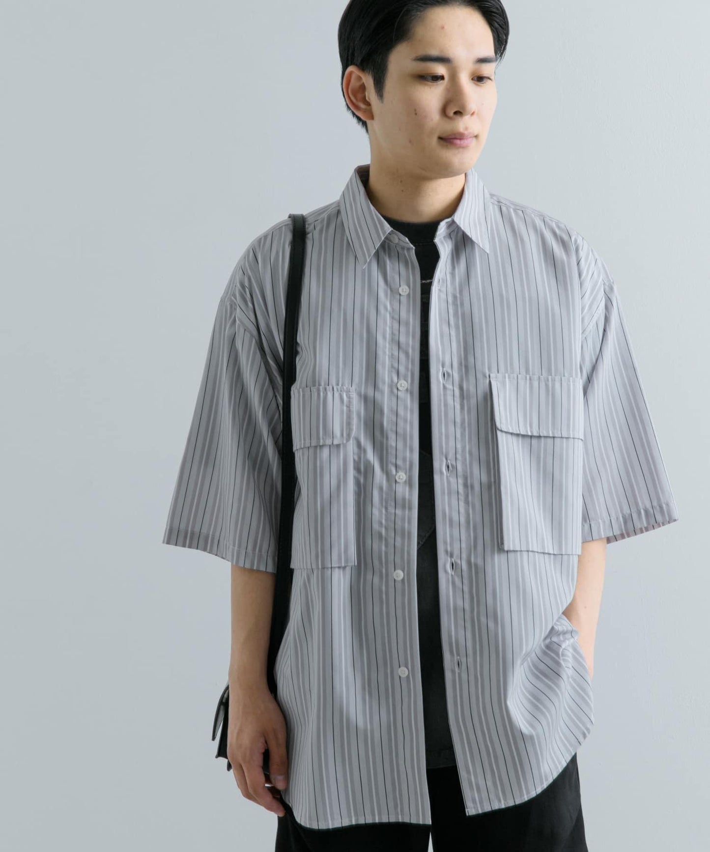條紋CPO寬鬆襯衫（五分袖）