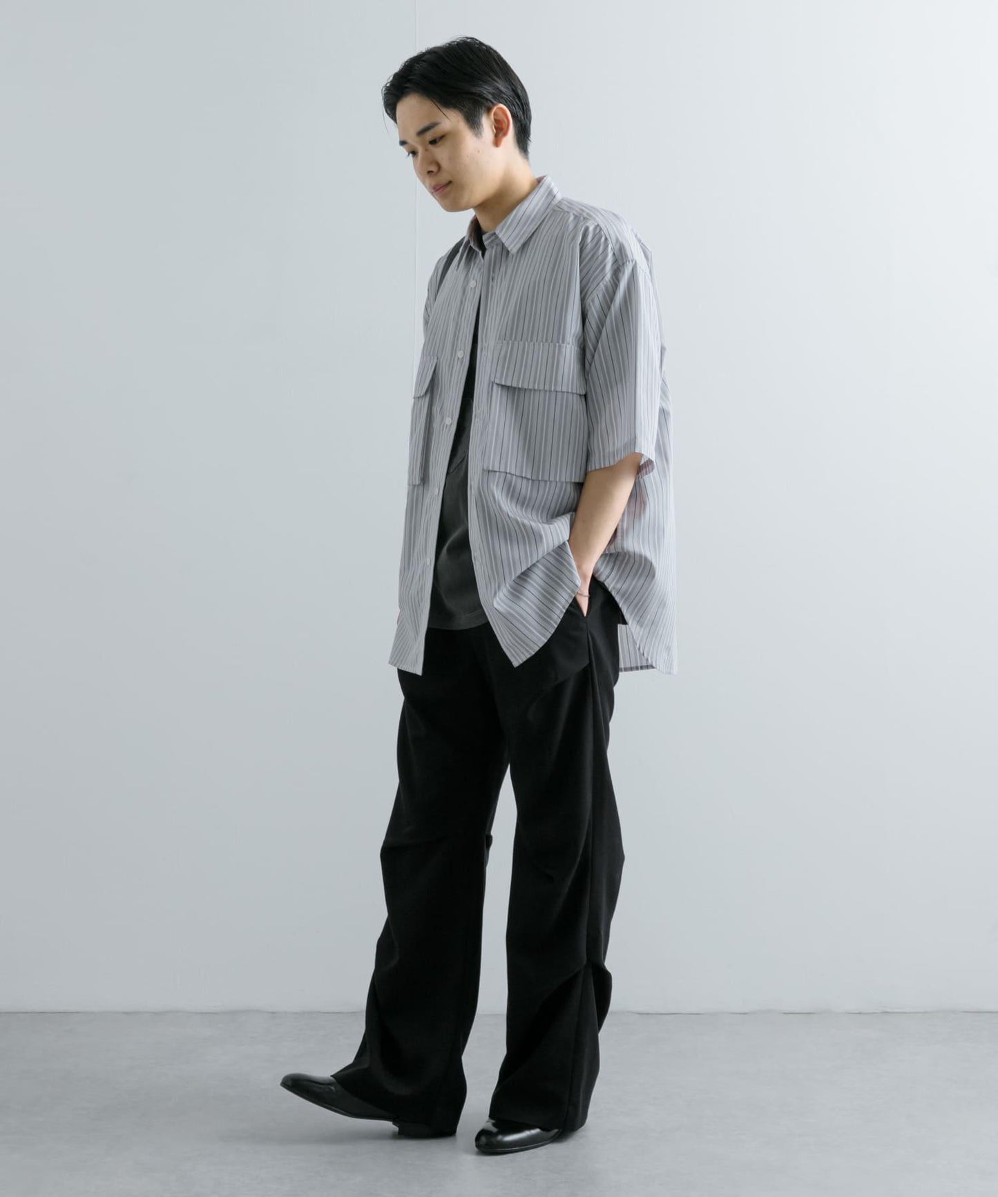 條紋CPO寬鬆襯衫（五分袖）