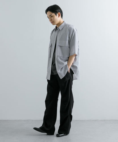 條紋CPO寬鬆襯衫（五分袖）