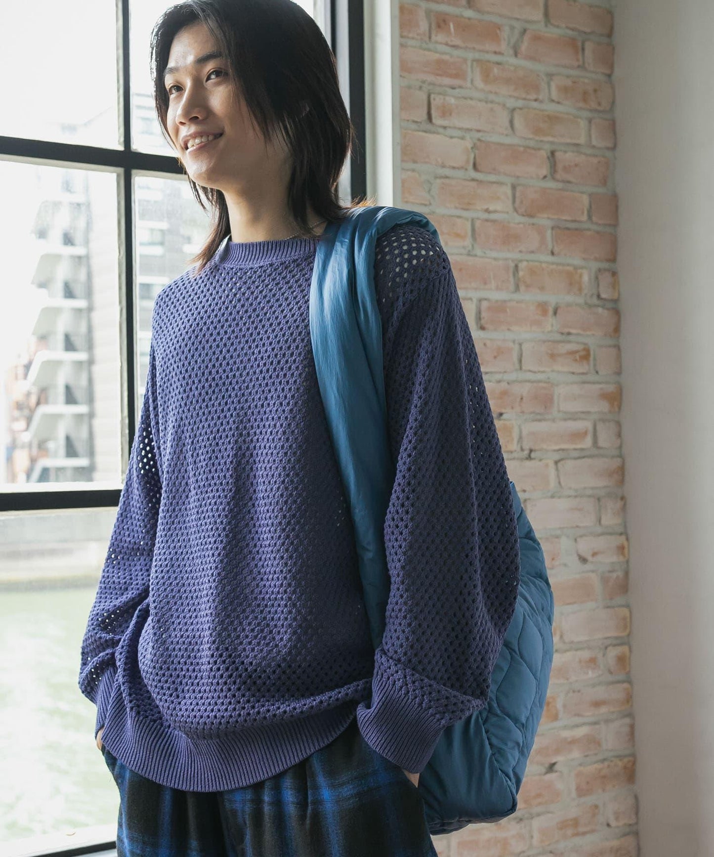 可水洗透視網紗圓領針織衫