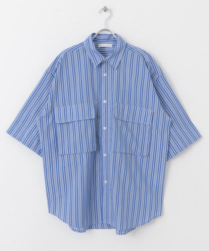 條紋CPO寬鬆襯衫（五分袖）