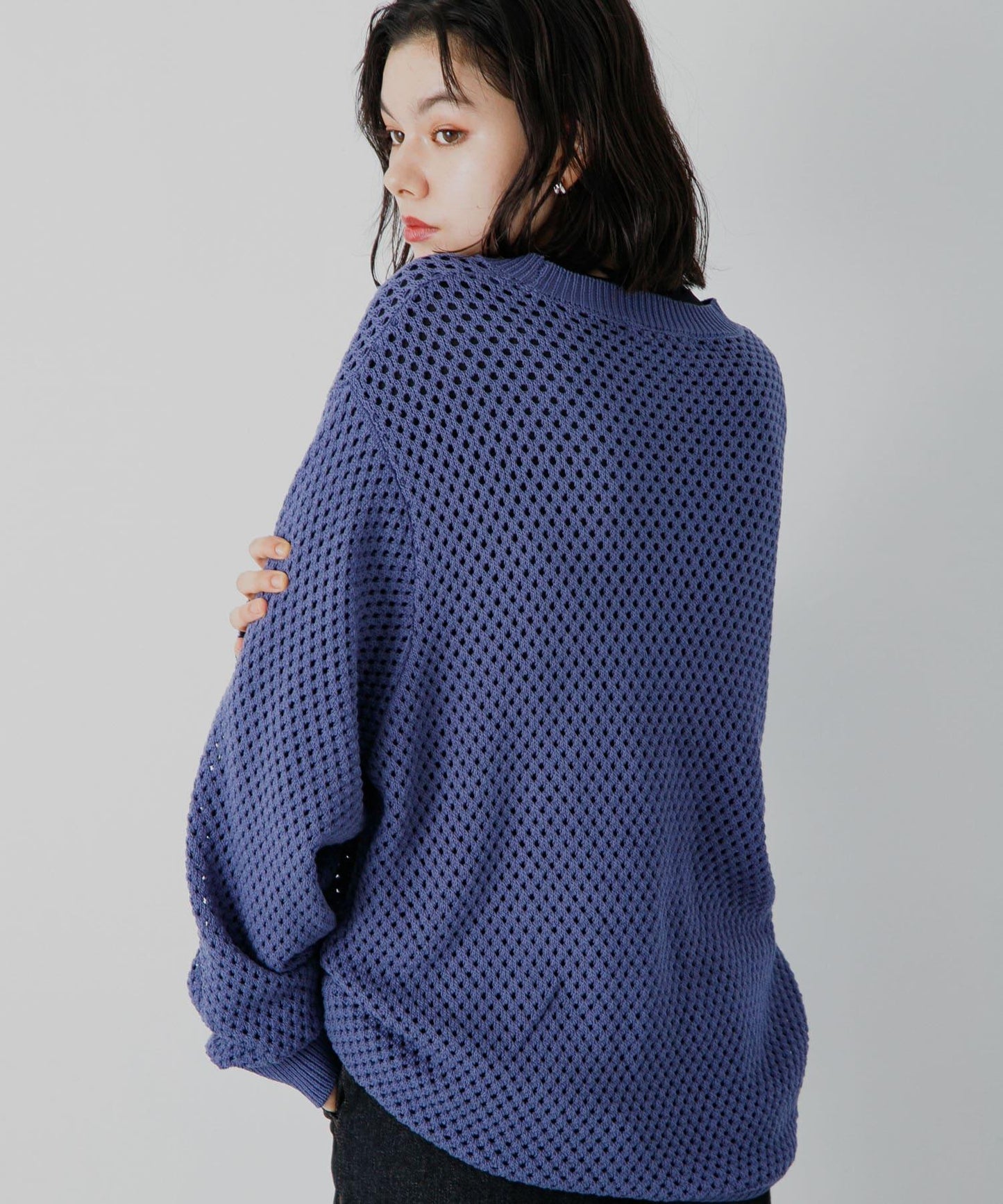 可水洗透視網紗圓領針織衫