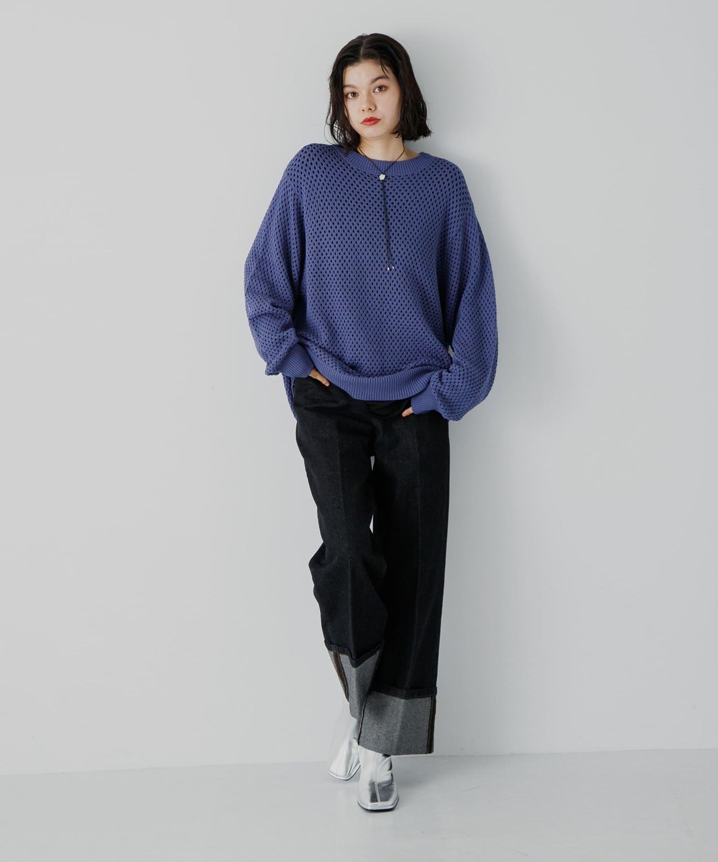 可水洗透視網紗圓領針織衫