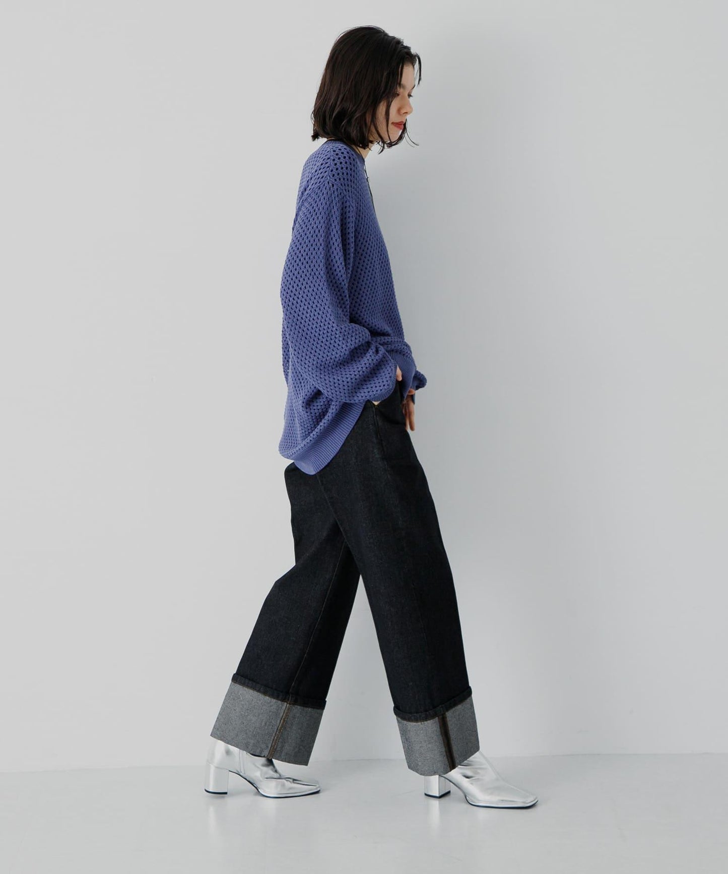 可水洗透視網紗圓領針織衫