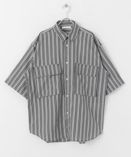 條紋CPO寬鬆襯衫（五分袖）