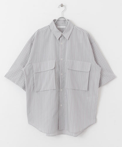 條紋CPO寬鬆襯衫（五分袖）