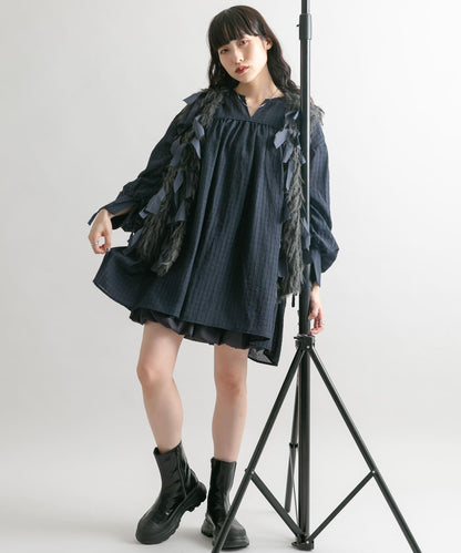 抽繩袖迷你連衣裙