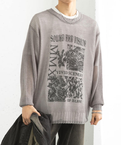 可水洗圖案印花透視針織衫