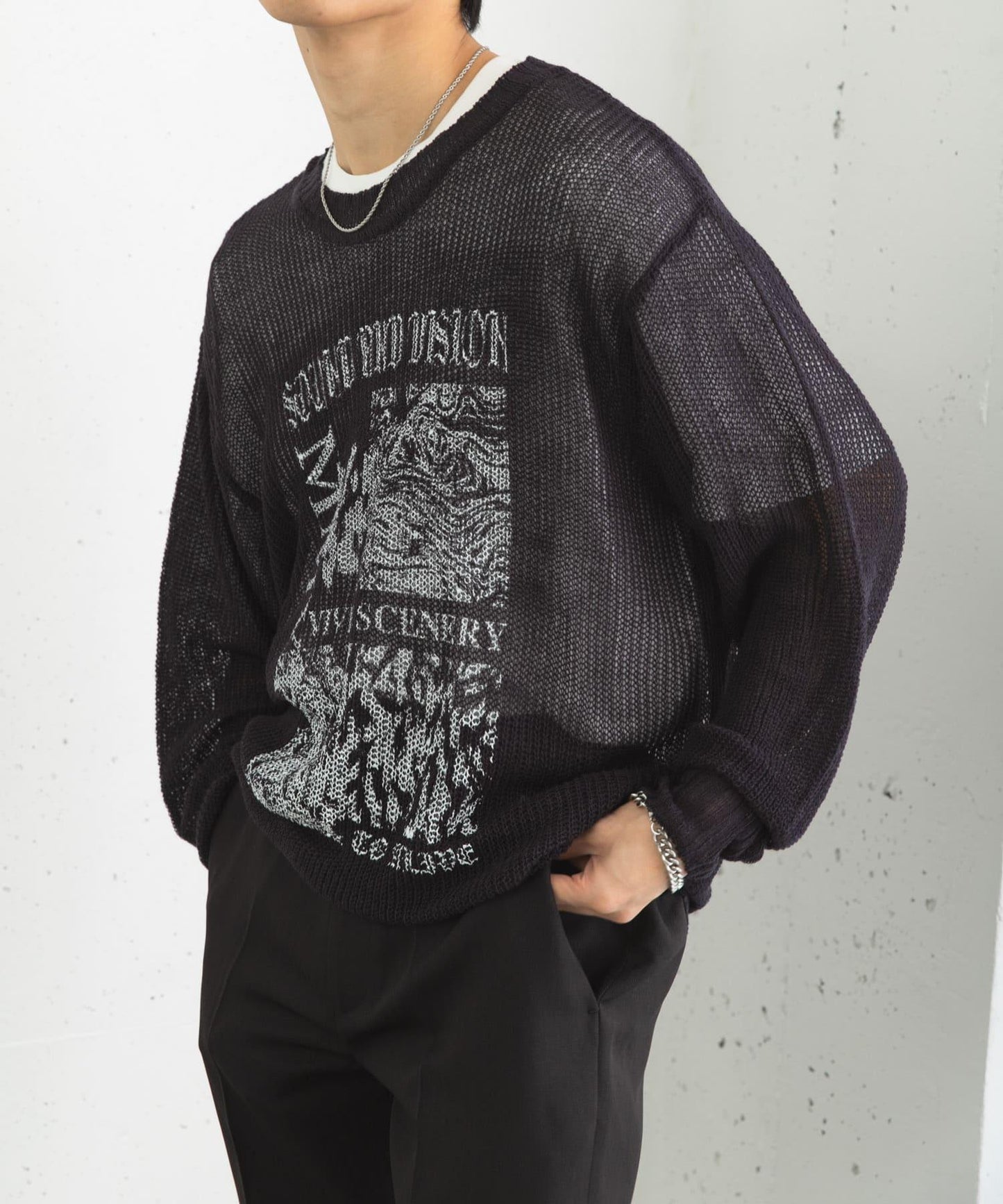 可水洗圖案印花透視針織衫