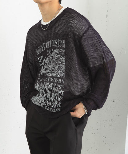 可水洗圖案印花透視針織衫