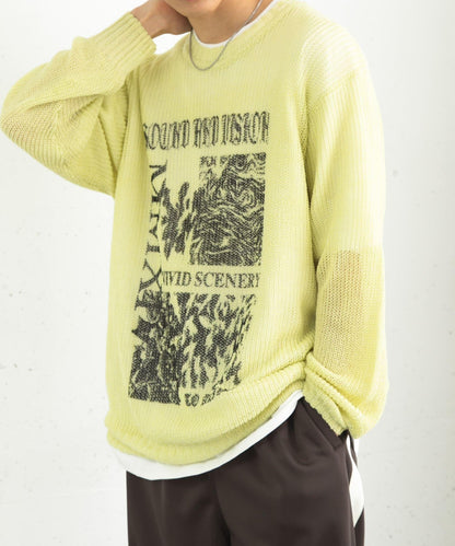 可水洗圖案印花透視針織衫