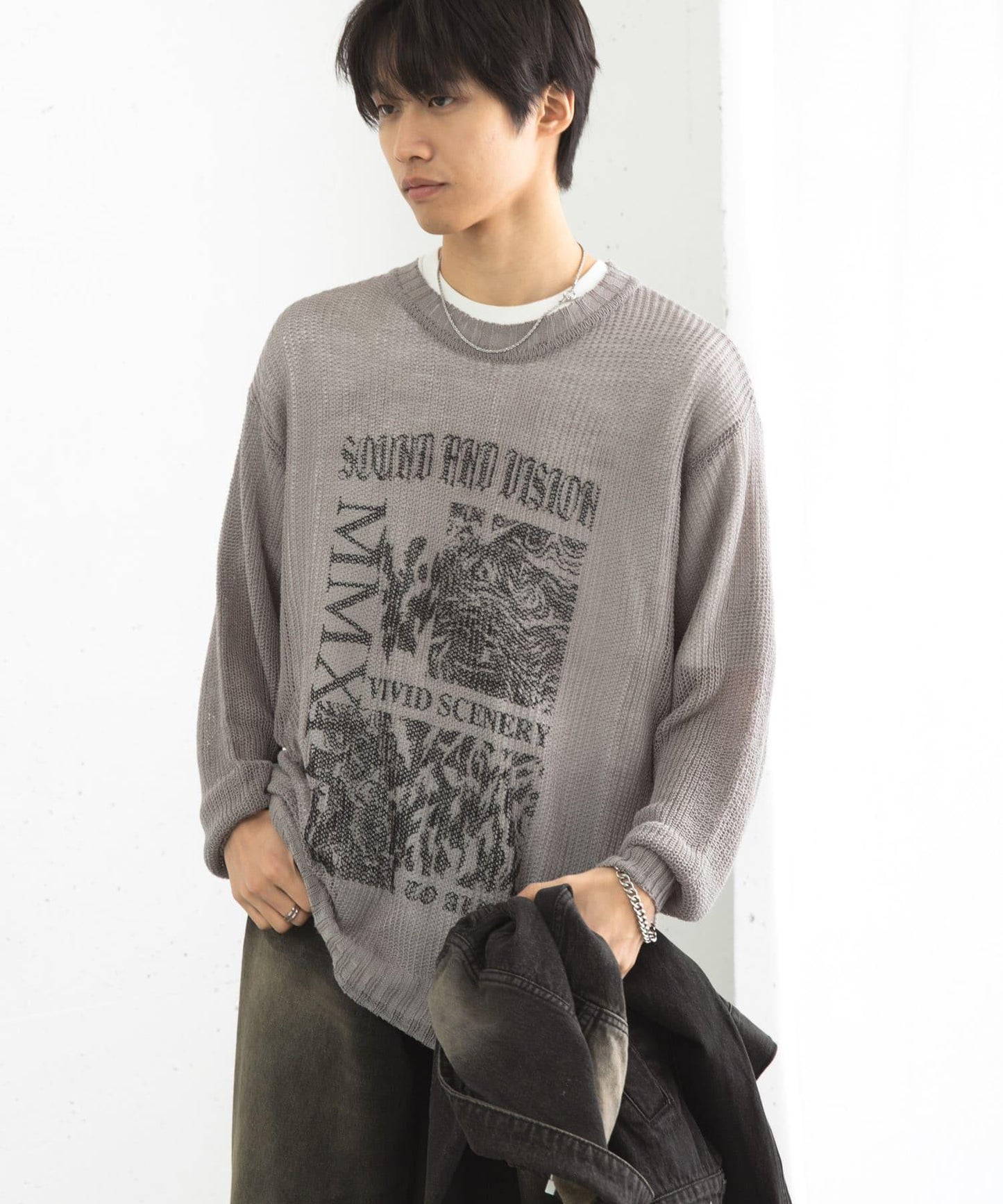 可水洗圖案印花透視針織衫