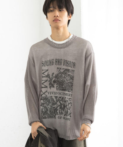 可水洗圖案印花透視針織衫