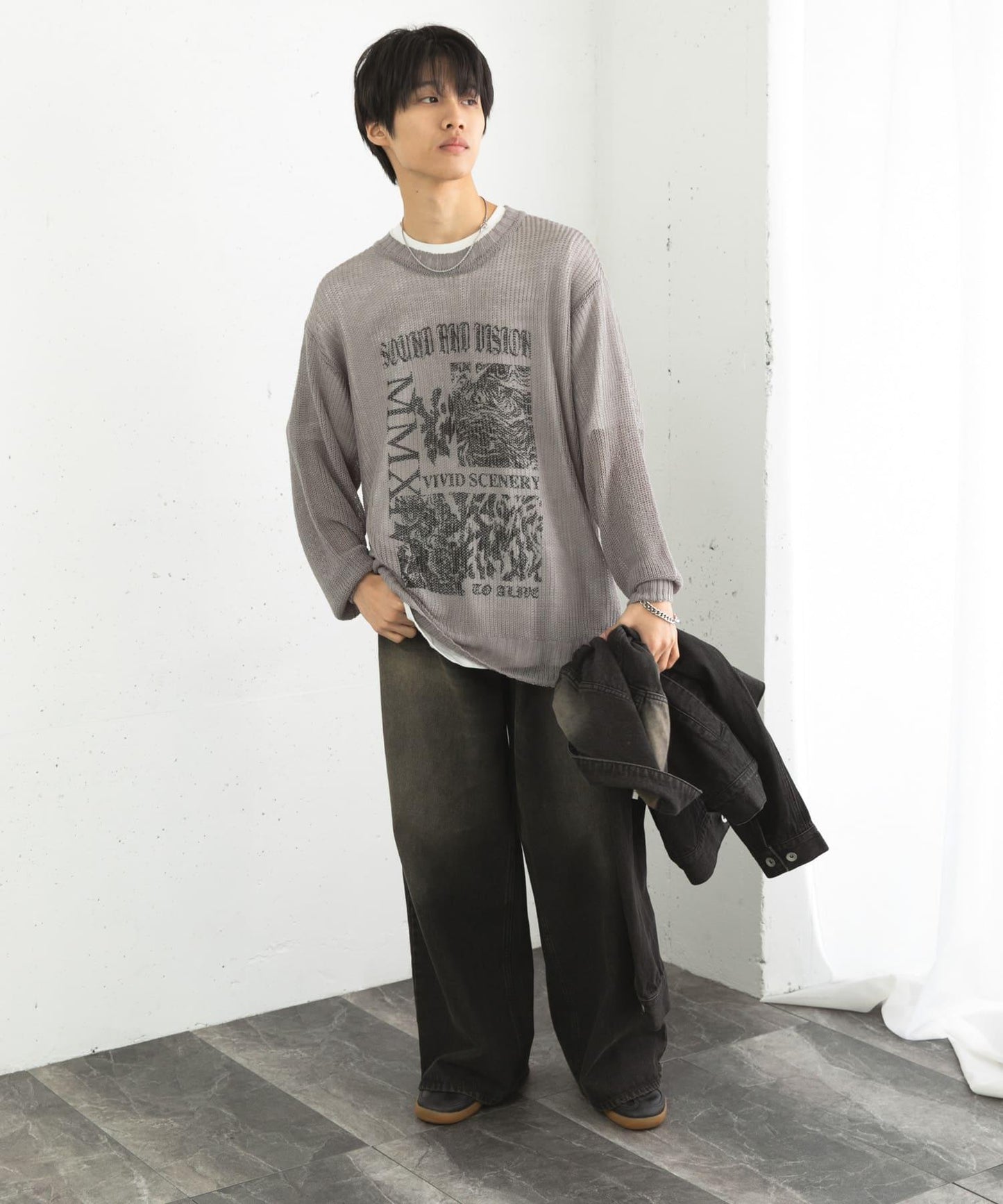 可水洗圖案印花透視針織衫