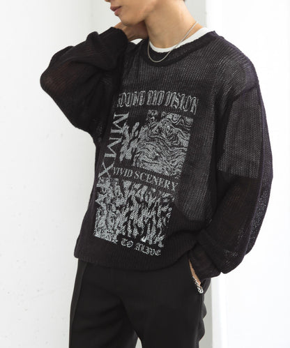 可水洗圖案印花透視針織衫