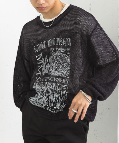 可水洗圖案印花透視針織衫