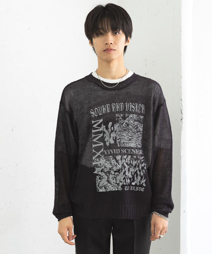 可水洗圖案印花透視針織衫