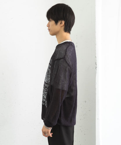 可水洗圖案印花透視針織衫