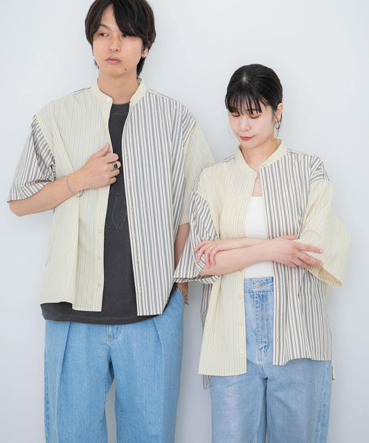 中性條紋拼接寬鬆襯衫